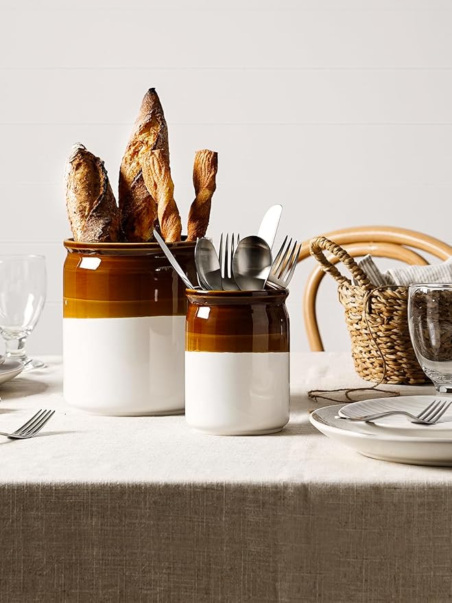 LE TAUCI Kitchen Utensil Holder, 7.2“&5.4” Ceramic Utensil Crock for Countertop, Rustic Modern Farmhouse Decor, Large Heavy Spatula Organizer, Vintage Two-Tone Glossy Glaze, Set of 2, Brown & White