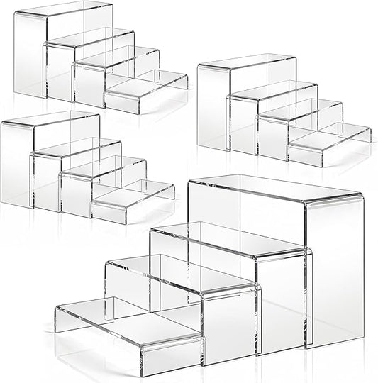 16 Pcs Acrylic Risers 4 Sizes(7" L~9" L) Riser Display Shelf Cupcake Stand Display Cabinet Clear Rectangular Display Stands Set