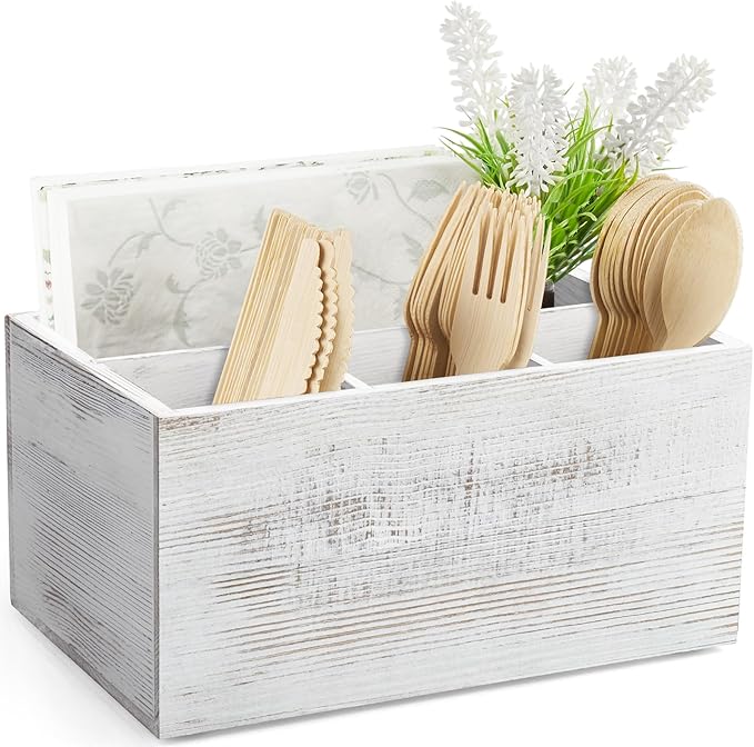 DRASTAR Silverware Caddy, Wooden Utensil Organizer, Picnic Cutlery Holder,Retro White Silverware Caddy for Party, Countertop, Camping