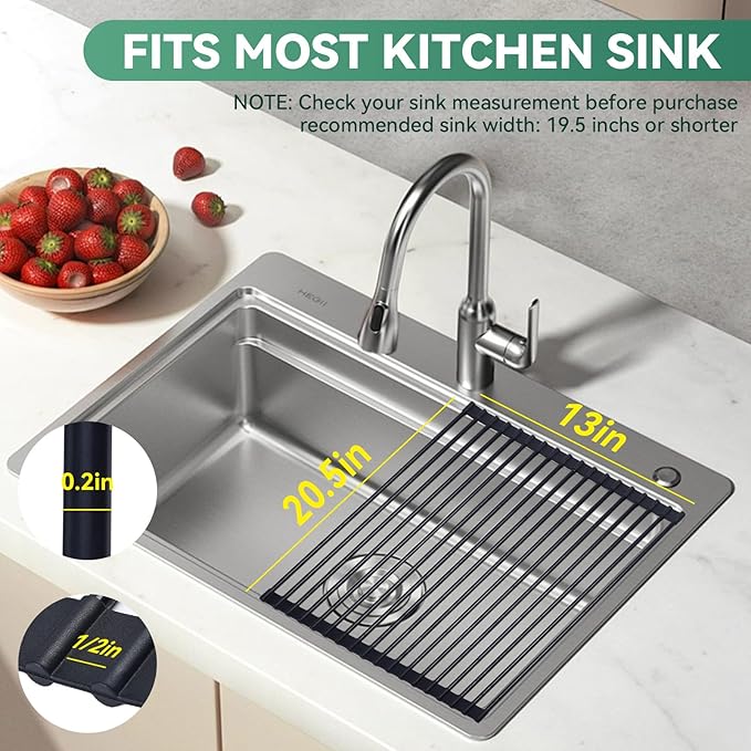 Roll Up Dish Drying Rack Over The Sink, Silicone Wrapped Stainless Steel Dish Drainer, Anti-Slip, Heat-Resistant, Multipurpose for Kitchen, 20.5”L×13”W Black