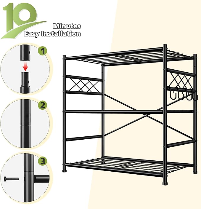 3Tier Storage Shelves Metal Shelving Unit Organizer,Adjustable Wire Shelving Rack Pantry Kitchen with Hooks,264 LBS Shelves for Laundry,Office and Bathroom Closet 23.6" W x 13.8" D x 30.9" H