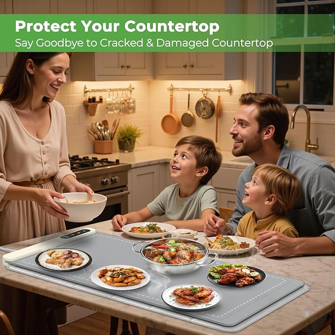 FYY Heat-Resistant Mat for Food Warming Mats - 35.4×15.4 inch Tables Protected, Up to 50% Temperature Block, Foldable and Space-Saving, Waterproof, Oil-Resistant (Not Include Food Warming Mat)