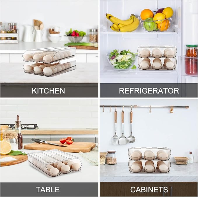 Egg Holder for Fridge, Automatically Rolling Egg Storage Container for Refrigerator,Large Capacity Egg Organizer for Fridge with Lid,Clear Plastic Dispenser, Tray & Bin -1 Layer