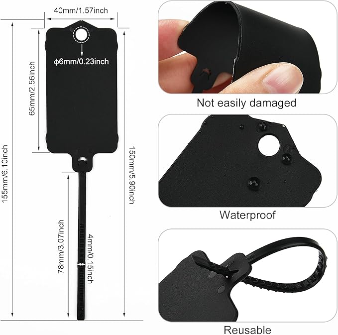 LeadSeals 100pcs Blank Plastic Tags for Labeling Reusable Hanging Tags Ties Key Tag Storage Tag Waterproof Plastic Mark Label Writable Hang Sign with One Marker Pen (Black)