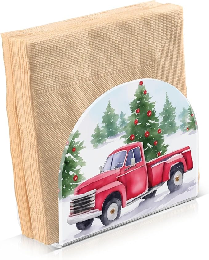 Christmas Red Truck Pine Tree Napkin Holder for Table Paper Napkins Holder Acrylic Tissue Dispenser Kitchen Dining Room Bathroom Party Car Decor