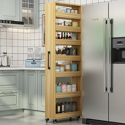7 Tier Standing-Shelf with Wheels, 5.9/7.9/9.8'', Wooden Slim Storage Cart, Thickened Plate, Scratch-Resistant and Wear-Resistant, for Home, Kitchen, Bakers, Closet, Pantry, Dining Room