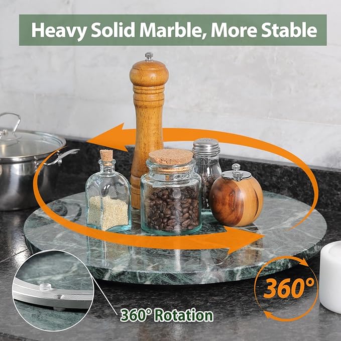Marble Lazy Susan, 16 in Turntable Organizer for Cabinet Pantry Kitchen Countertop Fridge Bathroom Makeup Vanity Countertop, Detachable Organizer (Indian Green)