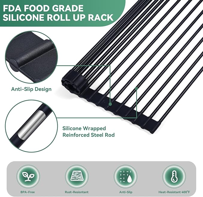 Roll Up Dish Drying Rack Over The Sink, Silicone Wrapped Stainless Steel Dish Drainer, Anti-Slip, Heat-Resistant, Multipurpose for Kitchen, 17”L×13”W Black