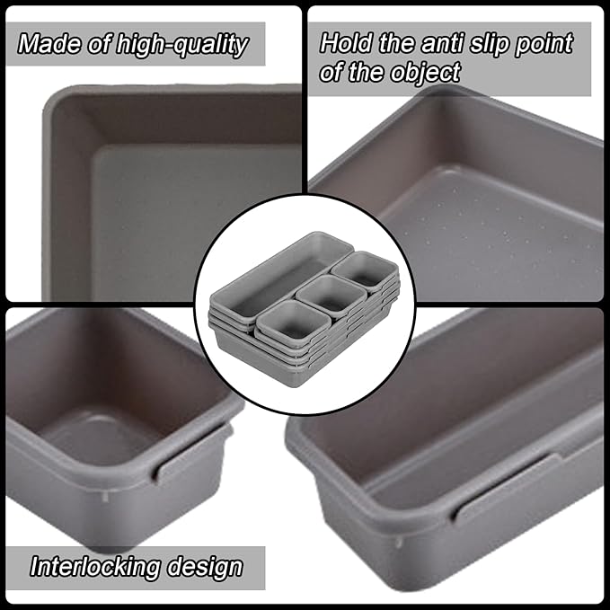 64Pcs Interlocking Desk Drawer Organizer Tray, 3 Sizes Desk Drawer Organizer, Plastic Grey Interlocking Junk Drawer Organizers for Cosmetics, Office and Bathroom