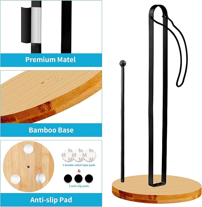 Wood Paper Towel Holder Countertop, TONLEA Kitchen Paper Towel Holder FreeStanding with Fixer for Kitchen and Bathroom Organization, Kitchen Roll Holder for Standard and Large Rolls