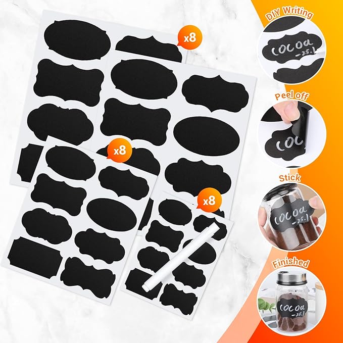 Segarty Labels for Spice Jars, 192 Pcs Assorted Shape Blank Label Stickers with 1 Chalk Marker for Food Container, Waterproof Chalkboard Stickers for Glass Mason, Bottle, Canisters, Storage Bin