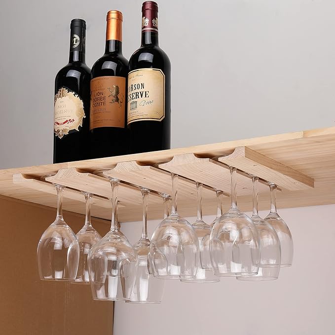 Wine glass holder-a wooden wine glass rack and goblet storage rack installed under the cabinet or countertop (Natural color)