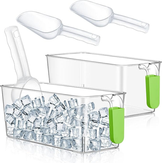Havawish 2 Set Ice Bin and Flexible Scoop Set Plastic Freezer Ice Bin with Pull Out Handle Storage Bucket Clear for Container with Bucket Scoop (10.83 x 4.92 x 4.33 in,Green)
