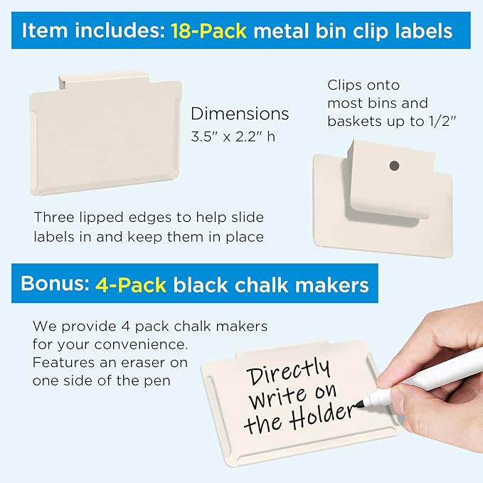trohestar Metal Pantry Baskets Labels Clip On for Storage Bins | Edge Fold-Cream (Edge Fold-Cream, 18 Metal Label Clip)