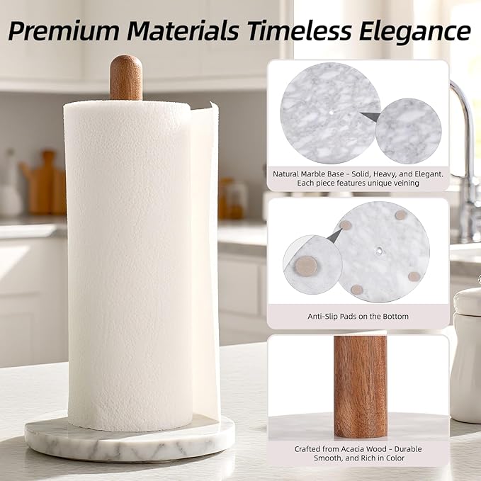 Acacia Wood & Marble Paper Towel Holder – Freestanding Paper Towel Holder for Countertop, Weighted for One-Handed Use, for Kitchen, Bathroom, Office