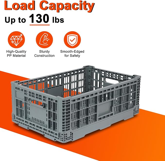 Shineyaplus Collapsible Milk Crate, 1 pck 52L(13GAL) Stackable Storage Bins, Heavy Duty Storage Crates, Plastic Crates for Grocery, Warehouse Organization - Extra Large, Holds 130 lbs Per Bin