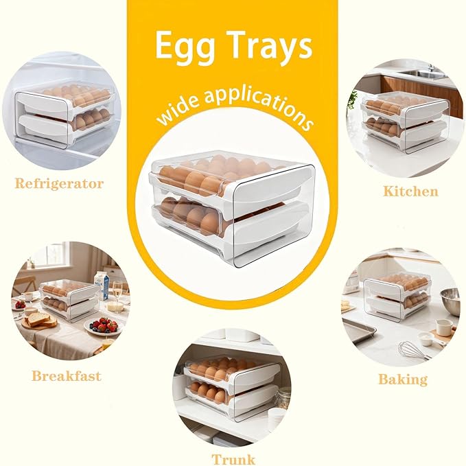 Egg Holder for Refrigerator 2 Tier Clear Stackable Egg Tray with Drawer Space Saving Eggs Storage Container with Handles for Countertop Kitchen Baking (40 Eggs)