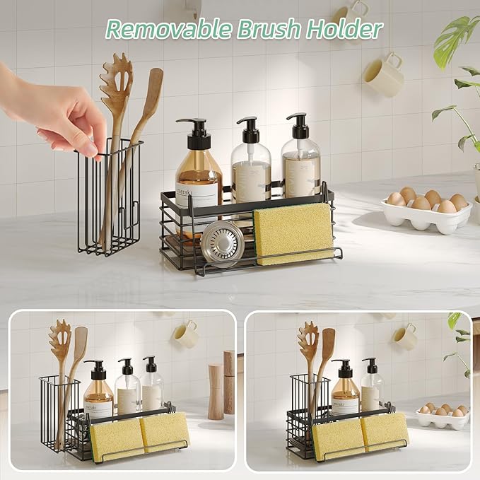 Sponge Holder for Kitchen Sink, Sink Caddy with Instant Drying Mat & Hook, Rustproof Waterproof Stainless Steel Kitchen Organizer, Soap Dispenser Storage (Black, 9.25"x3.7"x5.5")