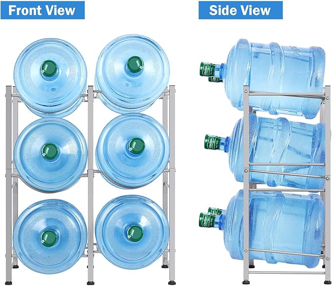 LIANTRAL 5 Gallon Water Bottle Holder, 3 Tier Silver Double Row Heavy Duty Cooler Jug Rack with 6 Slots for Home Kitchen