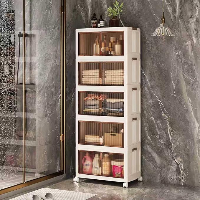 TUTURISLN 5 Tier Stackable Storage Bins Folding Collapsible with Lid 420Qt 105Gal/397L,Closet Organizers and Storage, Storage Box with Door Grey White