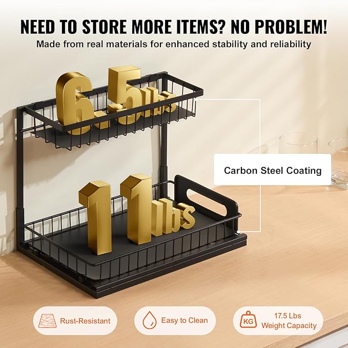 VEVOR 2 Tier Pull Out Cabinet Organizer(10.7"W x 14.2"D), Under Sink Organizer and Storage, Slide Out Drawer Cabinet Organizer, Wire Basket Sliding Storage, 12.5"Wx15.5"Dx13"H Install Size for Cabinet