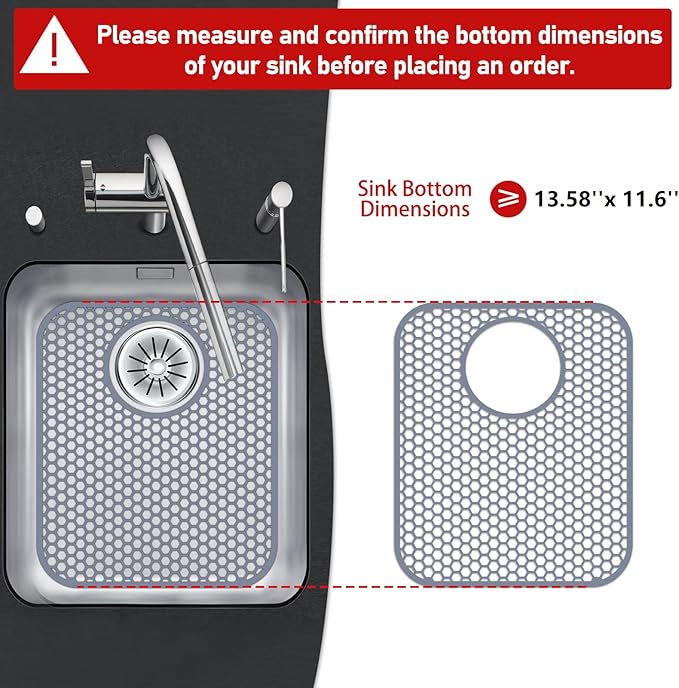 Bestjing Silicone Kitchen Sink Protector Mat with Rear Drain - 13.58''x 11.6'' Kitchen Sink Accessory, Folding Non-Slip Heat Resistant Mat Grid for Bottom of Stainless Steel Porcelain (Rear Hole)