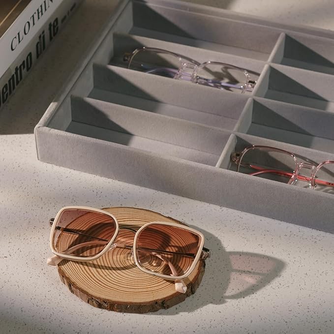 Glasses Holder Box Drawer Sunglass Organizer for Men Clear Wide Storage Case 8 Slots Multiple Reading Glasses Display, Gray Velvet