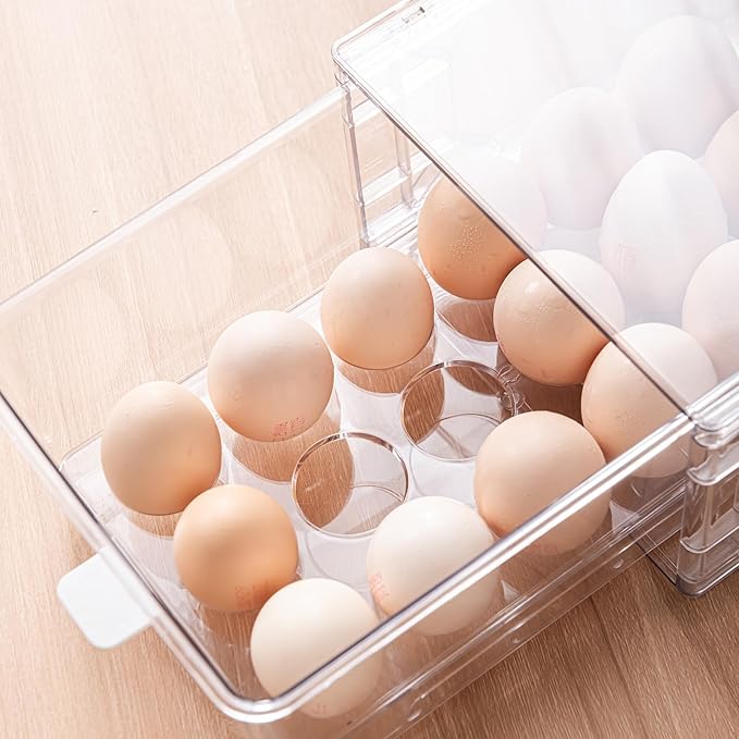 Home Egg Container for Refrigerator Stackable Egg Holder with Lid and Handle,36 Egg Tray，Clear Plastic Egg Storage Organizer for Kitchen, Pantry, Fridge, Space Saving, Pack of 2