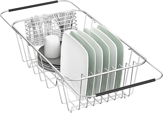 JAQ Small Dish Drying Rack in Sink Adjustable 14.25" to 20.55", Expandable 304 Stainless Steel Metal Dish Drainer Rack Organizer with Stainless Steel Utensil Holder Over Sink Counter (for 1-2 People)