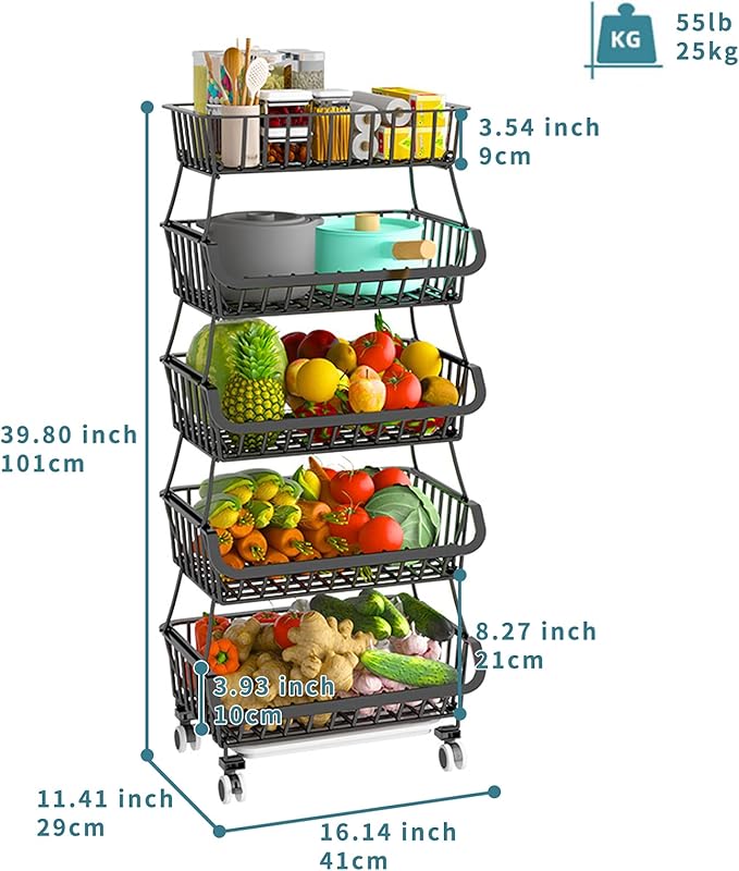 Metal Wire Baskets with Wheels, Stackable Storage Bins Kitchen Organizer Shelf 3-4-5-6 Tier Fruit Vegetable Cart Dishes Seasonal Rack Shelves for Garage, Pantry, Bathroom and Produce holder