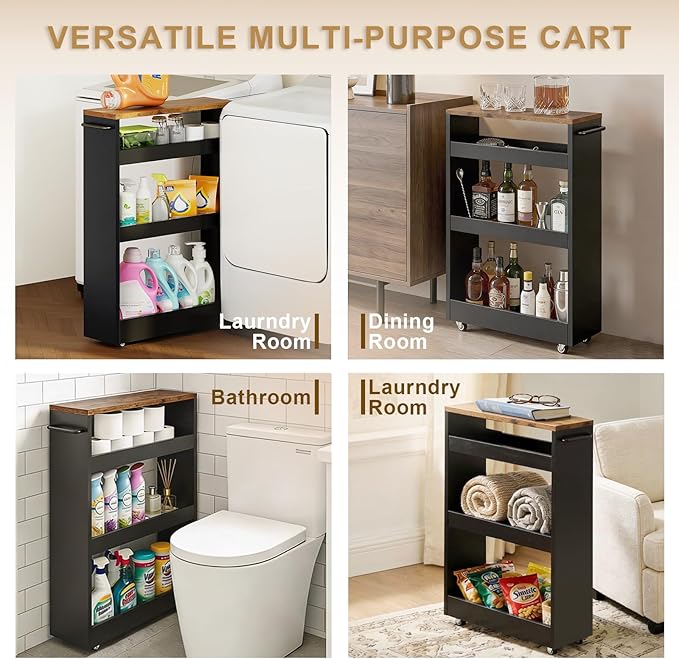 TEAMIX 4 Tier Slim Rolling Storage Cart with Wheels, 24.8D x 7.9W Inches, Height Adjustable, Deeper Utility Cart with Handle Narrow Shelf Organizer for Kitchen Laundry Bathroom Pantry Office (Black)