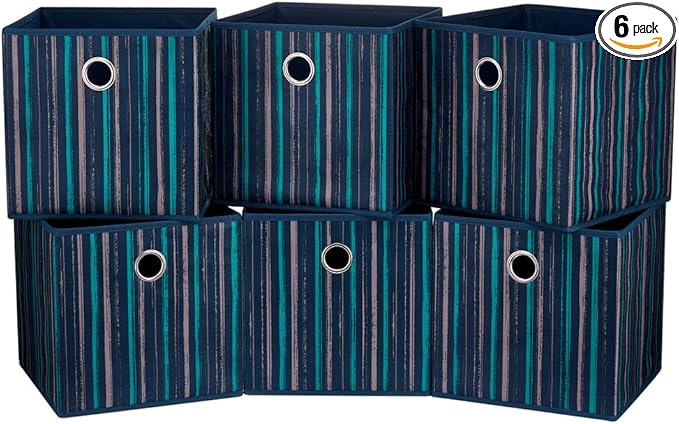 Fabric Storage Cubes Bins Blue Teal Printed Vertical Stripe Cubicle Bins 11x11x11 In Foldable Storage Cube Boxes Storage Baskets Inserts Cube Drawer for Organizers Storage QY-SC17-6