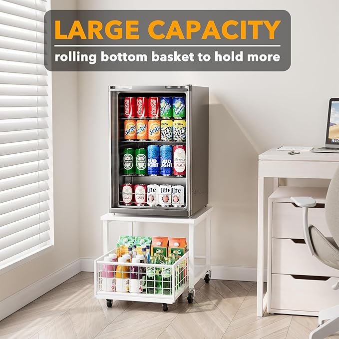 SpaceAid Mini Fridge Stand with Storage, 19.7" W x 19.7" D Heavy Duty Mobile Refrigerator Shelf Stand Table with Wheels, Fridge Cart Organizer with Drawer Basket for Home Dorm Office (White)