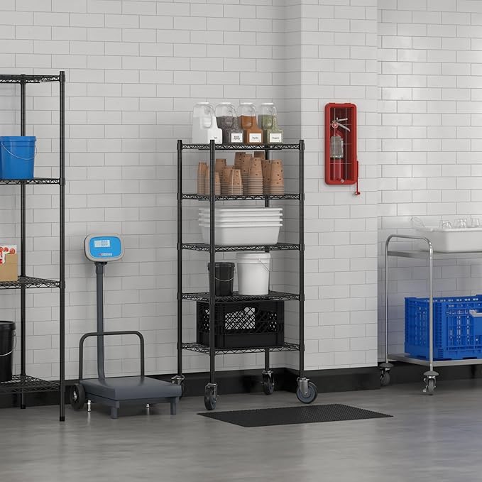 Commercial NSF Listed Black Epoxy Mobile Wire Shelving Kit 18" x 24" x 60", with 5 Shelves Perfect for Warehouse, Walk-in Refrigerator, Freezer, Grocery Store, Restaurant, Dishroom