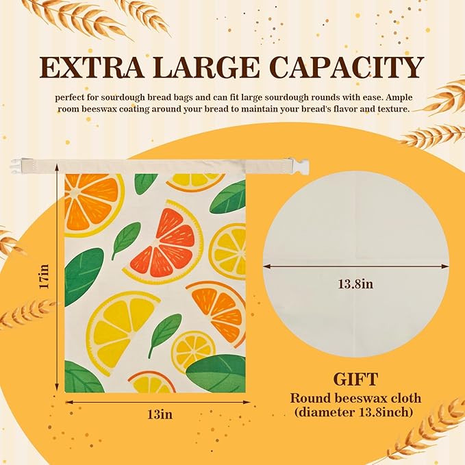 Beeswax Bread Bags for Sourdough 2 Pack 13"x17" Eco-Friendly Reusable Linen Cotton Storage Bags with Zipper Closure for Homemade Bread Fresh-Keeping, Freezer-Safe (Blood orange)