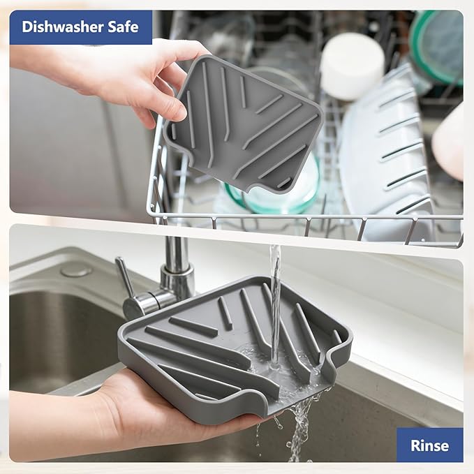 Silicone Soap Dish for Shower and Bathroom - Small Bar Soap Holder with Self Draining Spout - Non-Slip Sink Tray Organizer for Kitchen Counter and Narrow Ledge, Gray (3.5" x 5")