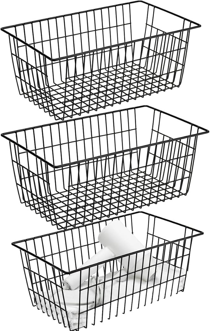 blitzlabs Wire Storage Basket Organizer Bins Farmhouse Metal Basket Pantry Large Organizing Storage Bin Baskets for Kitchen Cabinets, Pantry, Freezer, Bathroom,Closets-Set of 3-Black