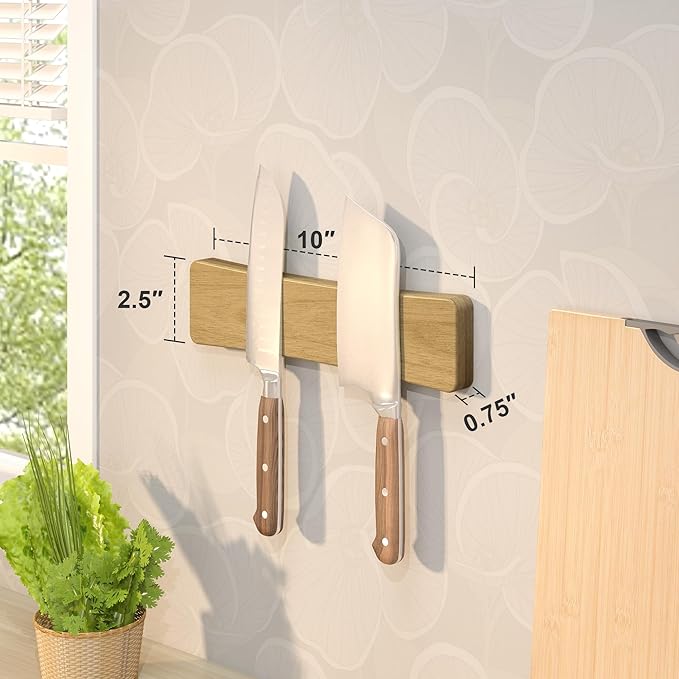 Magnetic Knife Holder for Wall, 10" Acacia Wood No Drill Knife Magnet Strip Use as Tool Key Storage Knife Bar, Powerful Wall Mounted Magnetic Knife Rack for Refrigerator & Kitchen Utensil Organizer