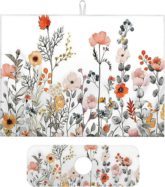 2Pcs Dish Drying Mats Faucet Mats Sets Large Size Coffee Mats Sink Faucet Mat Splash Guard for Kitchen Counter Bathroom Sink Coffee Bar Kitchen Decor (Colorful Wildflowers, 18"x24" 15" x 5.5"Set)