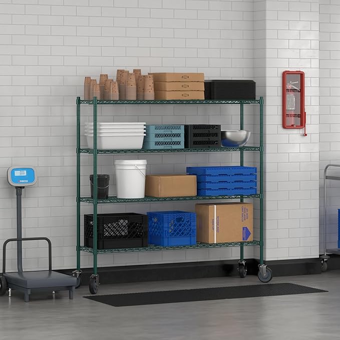 Commercial NSF Listed Green Epoxy Mobile Wire Shelving Kit 14" x 60" x 60", with 4 Shelves Perfect for Warehouse, Walk-in Refrigerator, Freezer, Grocery Store, Restaurant, Dishroom