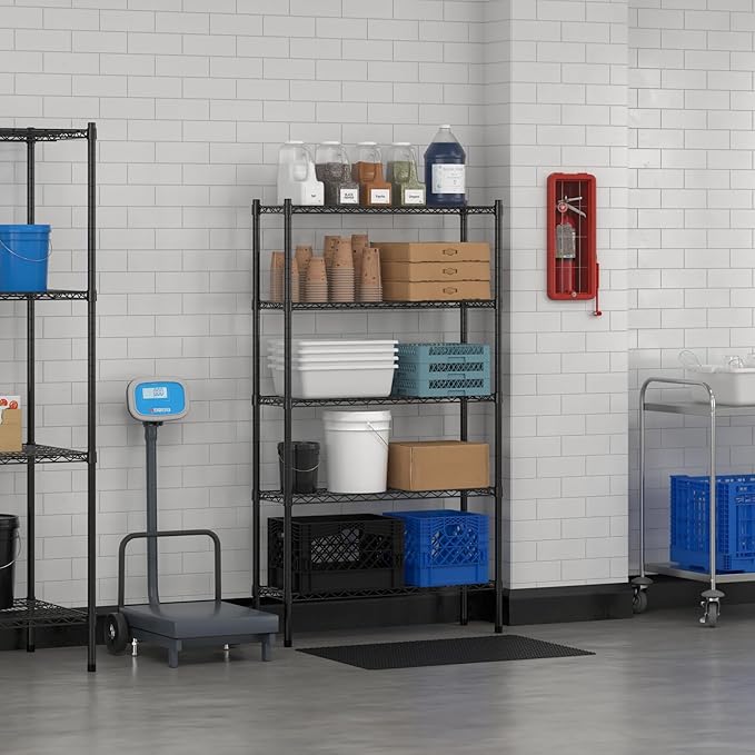 Commercial NSF Listed Black Epoxy Stationary Wire Shelving Kit 12" x 36" x 64", with 5 Shelves Perfect for Warehouse, Walk-in Refrigerator, Freezer, Grocery Store, Restaurant, Dishroom