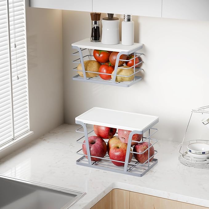 2 Pack Grey Trash Bag Organizer for Kitchen and Pantry, Upgraded Stackable Metal Garbage Bag Holder with Bamboo Top, Modern Under Sink Storage Dispenser for Laundry Room, Garage