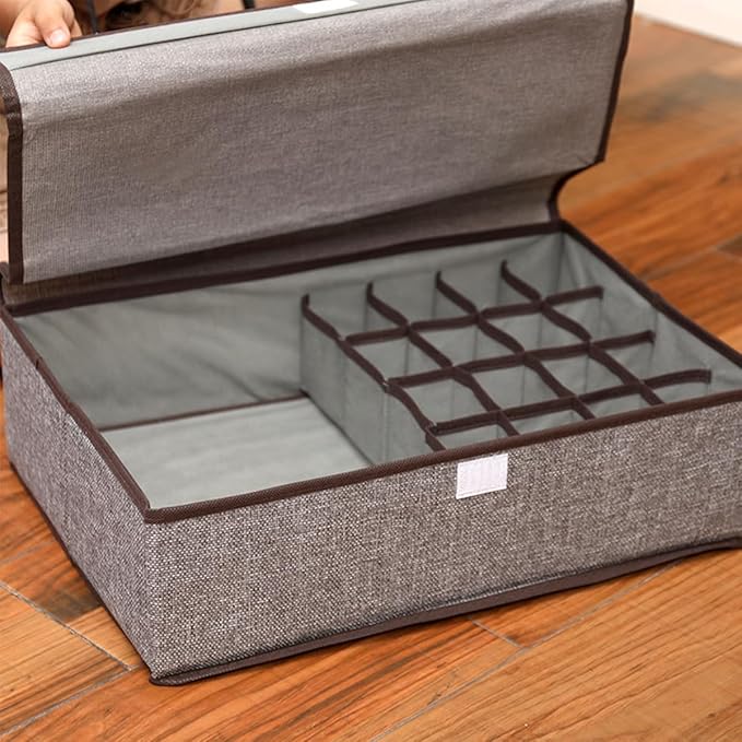 FACELESS Cotton and Linen Fabric Storage Box, Foldable with Lid, Dust-Proof, Drawer Style Partition, Underwear and Socks Storage (Grey+Beige-(17 grids), 17.72X11.42X4.72 IN)