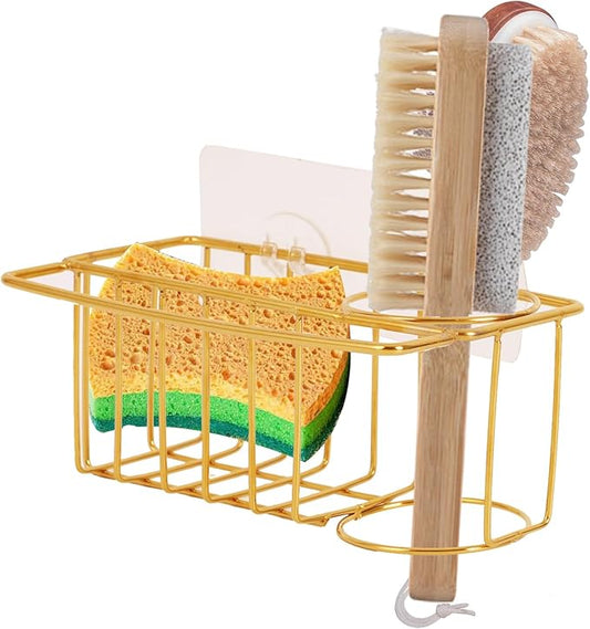 3-in-1 Adhesive Sink Caddy Kitchen Sink Organizer,Stainless Steel Sponge and Brush Holder for Kitchen Sink,Suitable for Sponges,Dish Cloth,Scrubbers, Soap, Kitchen, Bathroom.Gold