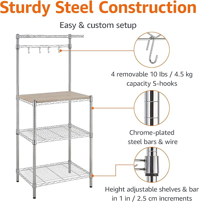 Amazon Basics Kitchen Storage Baker's Rack with Removable Top, Chrome/Beige, 18"D x 24" W x 59"H
