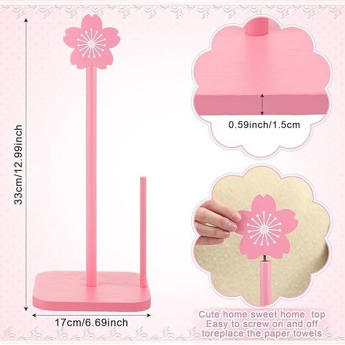 Leinuosen Pink Cherry Blossoms Paper Towel Holder Cute Bow Wooden Paper Towel Holder Pink Bathroom Countertop Accessories Kitchen Roll Stand Organizer Standing Apartment Decor Housewarming Gift