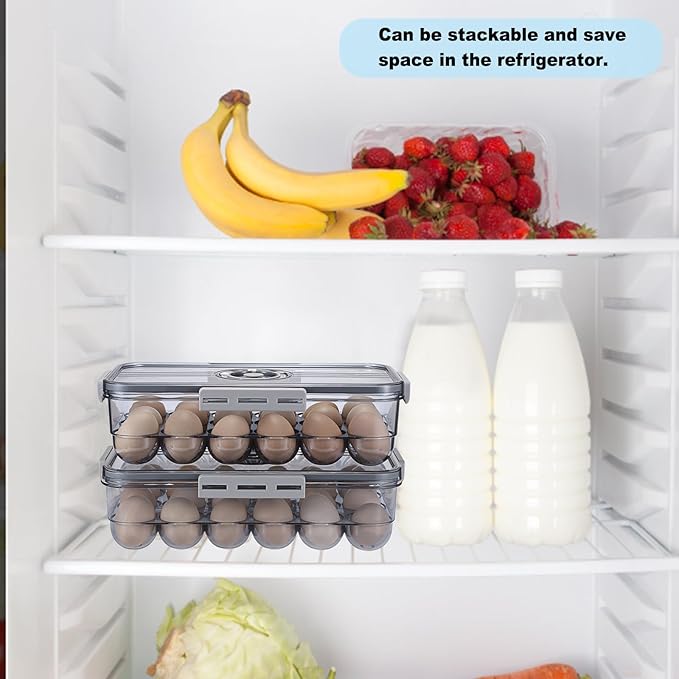 BSTKEY Egg Holder for Refrigerator, Egg Container with Time Scale, Egg Holder with Lid for Kitchen Storage, Stackable Tray for 24 Eggs