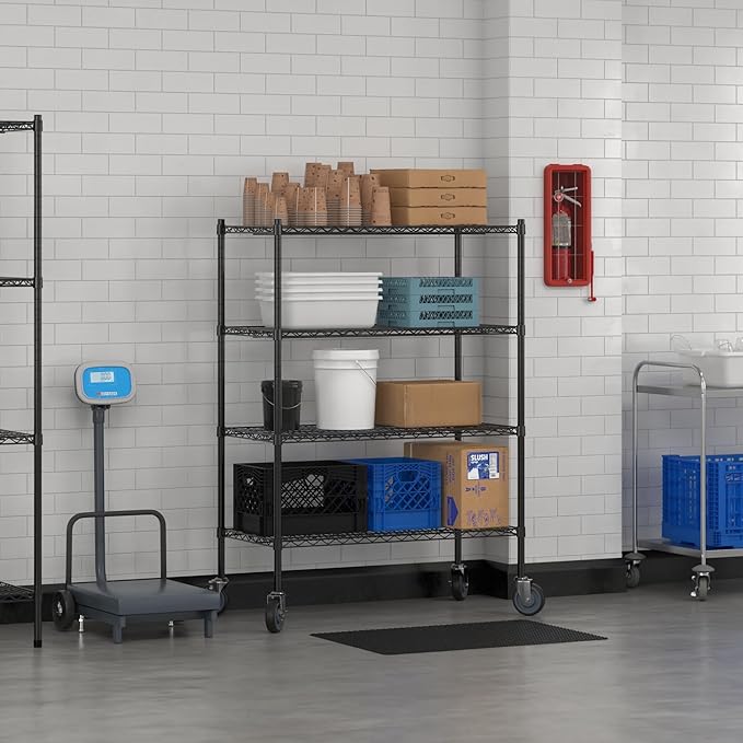 Commercial NSF Listed Black Epoxy Mobile Wire Shelving Kit 21" x 42" x 60", with 4 Shelves Perfect for Warehouse, Walk-in Refrigerator, Freezer, Grocery Store, Restaurant, Dishroom