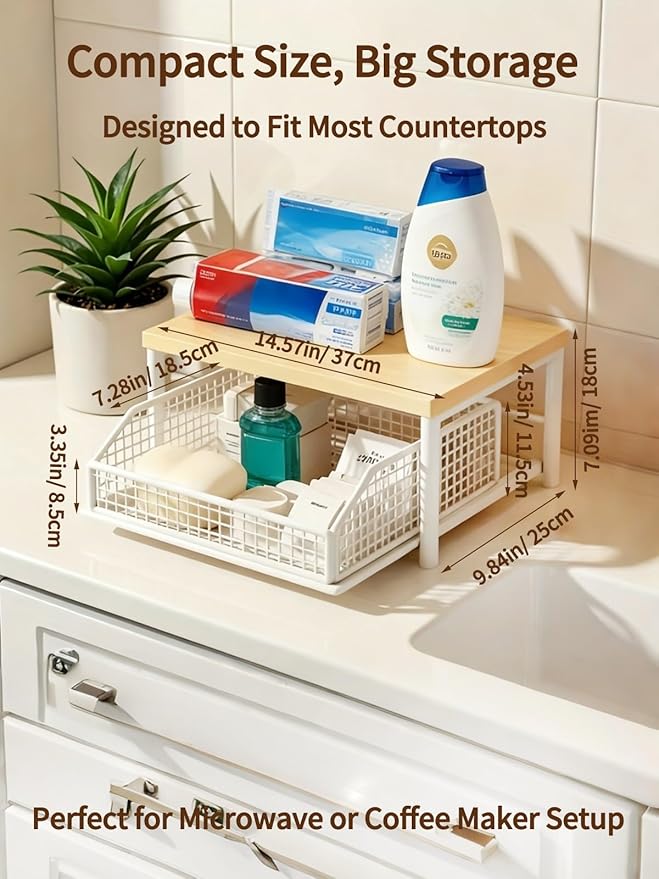 Kitchen Countertop Organizer with Drawer and Wire Basket, Microwave Cart Stand with Sliding Storage Shelf, Space-Saving Counter Organizers Rack, Compact 2-Tier Shelf for Coffee Maker(Wood-Black)
