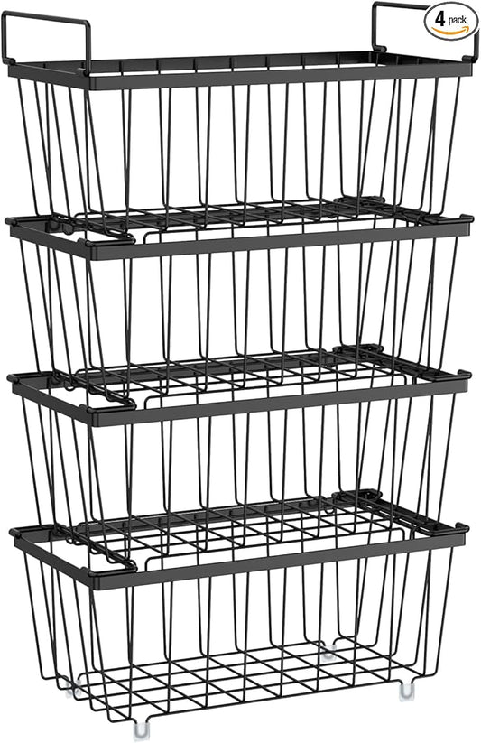 iSPECLE Freezer Organizer Bins - 4 Pack Small Stackable Freezer Baskets for 7 Cu.ft Deep Freezer, Easy Access Food No More Digging, Sturdy Metal Wire Basket Not Scratch Bottom, Black